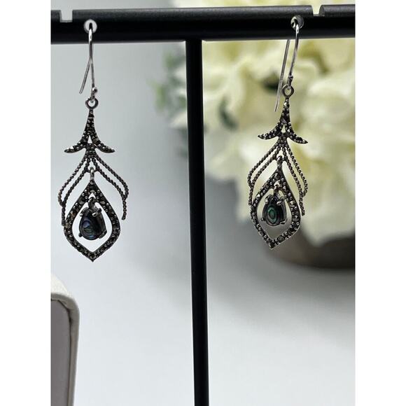 Tori Hill 925 Sterling Silver Abalone & Marcasite Dangle Feather Earrings - Picture 4 of 8